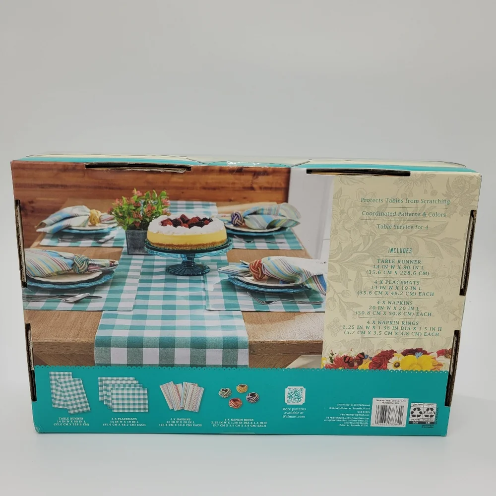 The Pioneer Woman Table Linen Set Teal White Charming Check Tablescape 13pc NEW